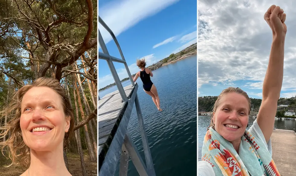 Bildecollage av artikkelforfatteren som hopper i sjøen fra et høyt stupetårn, løfter armen i en seiersgest på badebrygga med håndkle rundt nakken, og smiler fornøyd mot sola med vind i håret.